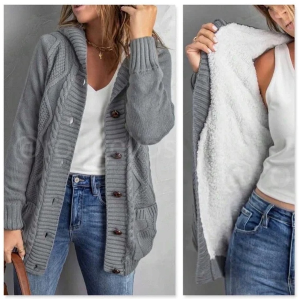 Pink Sherpa Knit Hooded Cardigan Front Pockets Long Sleeves Hip Length - Picture 13 of 17